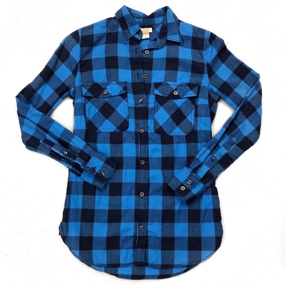 J. Crew Factory Perfect Fit Flannel Shirt Buffalo Blue Black XXS
